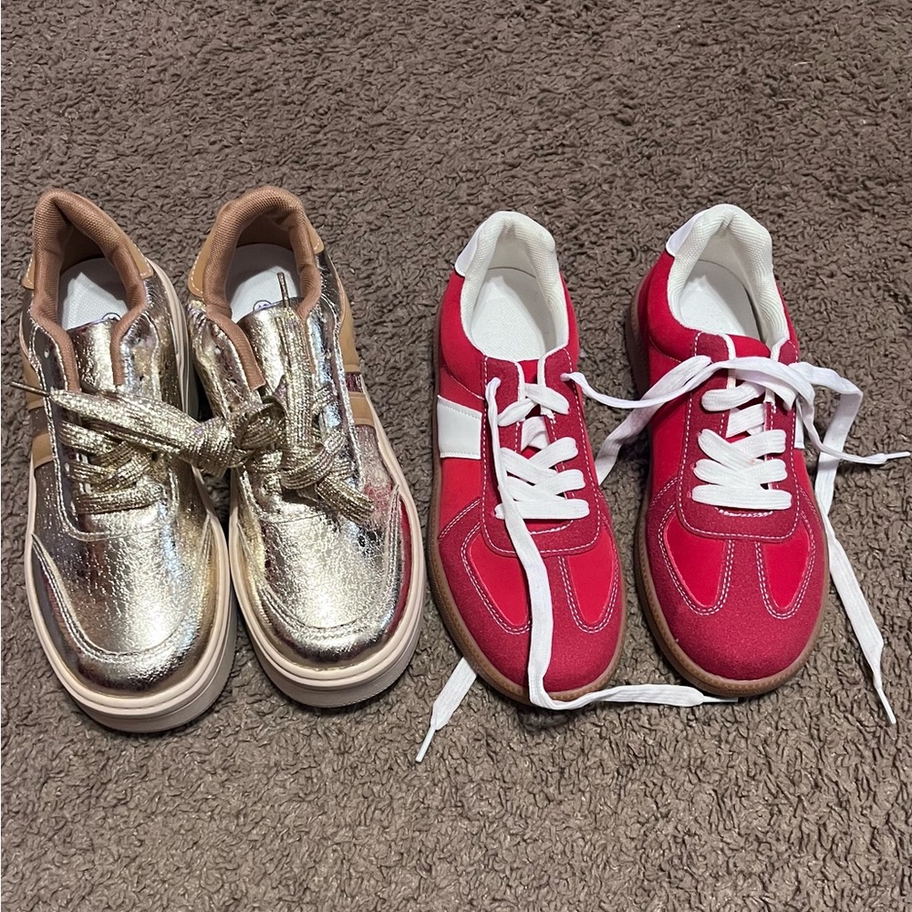 Stylish women’s Sneakers - 
1 pair Gold size EU 37 
1 pair Red.  Size EU 38